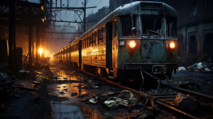 Fototapeta na wymiar industrial broken train in the night, scary train, 
