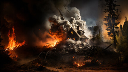burning house in the forest