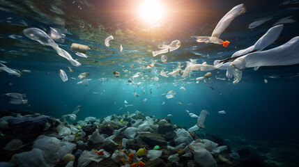 underwater scene with plastics as a global problem - obrazy, fototapety, plakaty