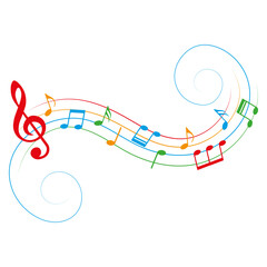 Colorful music notes with swirls, isolated on white background, vector illustration.