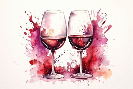 two glasses with red wine watercolor design