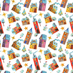 Seamless pattern of watercolor drawn winter medieval houses illustration, European old town street. New Year theme Design for wrapping paper, holyday decor, fabric, kids textile. Cartoon background.