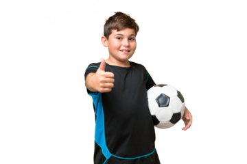 Little caucasian football player kid over isolated chroma key background with thumbs up because something good has happened