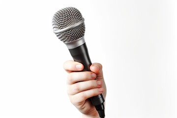 Capturing moment. Live concert. Karaoke night. Microphone on white background isolated. Speech and sound. Holding mic at conference