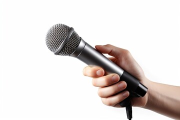 Capturing moment. Live concert. Karaoke night. Microphone on white background isolated. Speech and sound. Holding mic at conference