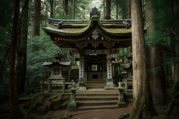 A Japanese shrine standing in the middle of a forest. Generative AI