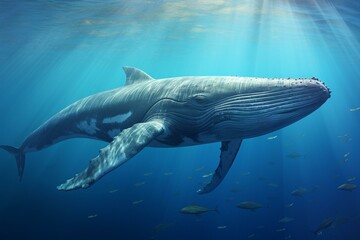 Detailed view of enormous blue whale swimming gracefully in the ocean. Generative AI