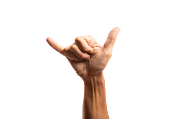 Black male hand doing surf gesture with hand isolated no background cutout - obrazy, fototapety, plakaty
