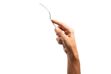 black male hand holding a silver fork no background cutout 