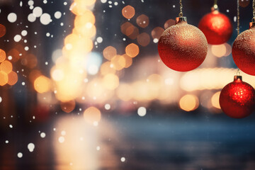 Obraz premium Closeup of festively decorated outdoor Christmas red balls on blurred sparkling fairy background. Defocused night city street, bokeh effect.
