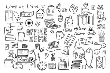 Home office, freelance work, teaching or studying at home. Freelancers working online on laptops, tablets in a cozy atmosphere with books, plants. Self-employed man work in comfortable conditions