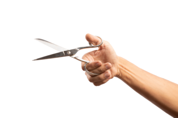 Black male hand holding scissors isolated no background cut out