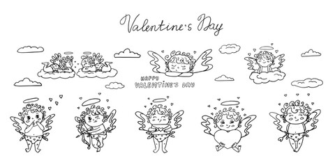 Cute set of cupids with hearts and love letter, cupid's arrow, love envelope. Cartoon cupids on the clouds. Great for Valentine's Day cards, posters, packaging and design. Outline vector illustration.