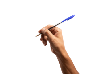 Black male hand holding byro pen, isolated no background cut out