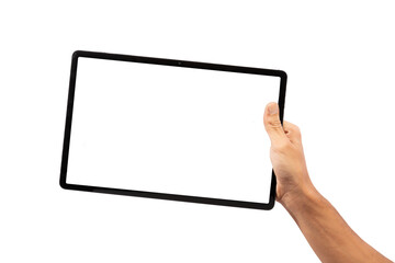 Black male hand holding black tablet, isolated cutout