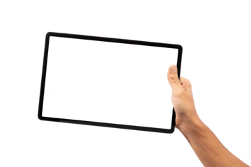 Black male hand holding black tablet, isolated cutout