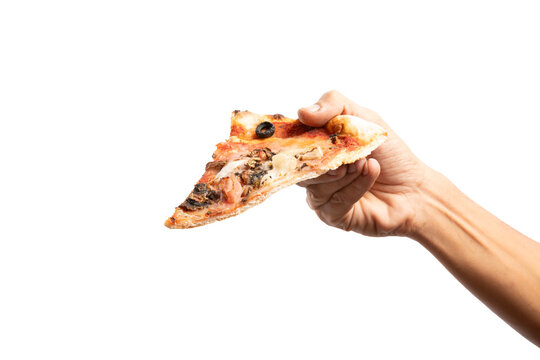 Black male hand holding slice pizza isolated on white background