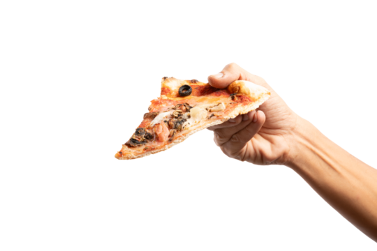 Black male hand holding slice pizza isolated on white background