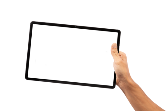 Black male hand holding black tablet, isolated cutout