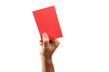Hand holding a red card isolated no background cutout