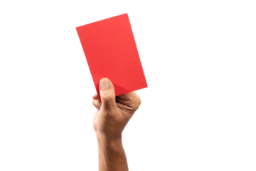 Hand holding a red card isolated no background cutout