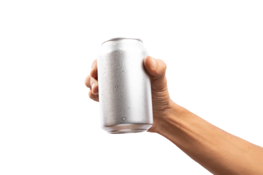 Black male hand holding aluminum can no background cutout