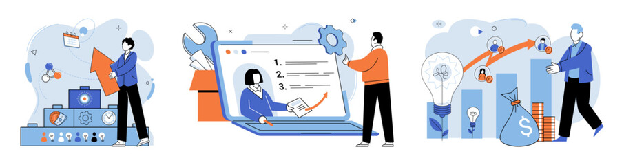 Business development. Vector illustration. Effective management empowers and motivates employees Choosing right profession involves self-reflection and research Job applications require attention