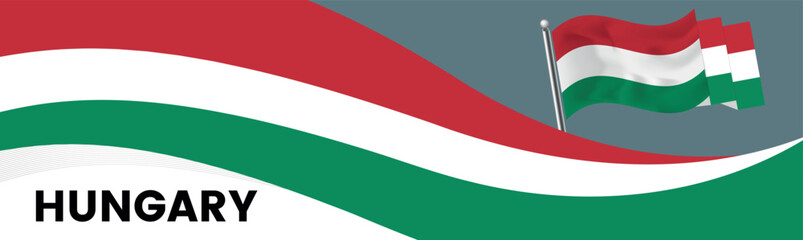 Hungary national day banner with map, flag colors theme background and geometric abstract retro modern colorfull design with raised hands or fists.