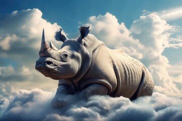rhino sit on fluffy cloud illustration - obrazy, fototapety, plakaty