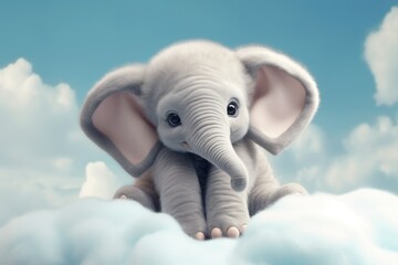 cute baby elephant sit on fluffy cloud illustration - obrazy, fototapety, plakaty