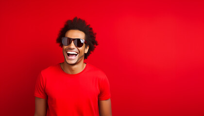 portrait of a happy smiling mixed race young man in sunglasses and red t-shirt on red solid background with copy space