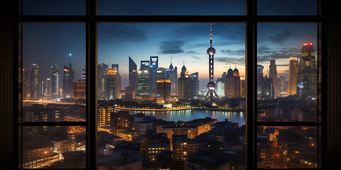 Fototapeta na wymiar Modern empty and clean office interior with glass windows shanghai pudong city skyline background night scene Ai Generative