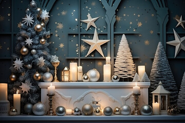 Christmas composition in the living room interior. Beautiful decoration. Christmas trees, candles,...