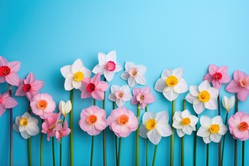 Obraz premium Beautiful spring flowers on light blue background. Spring, easter concept. Greeting card for woman or mothers day. Floral card template with space for text