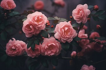 Beautiful rose bush on dark background. Moody flowers. Cursed, magic flower. Rosa Damascena or Damask rose. Romantic luxury background. Elegant love and passion concept