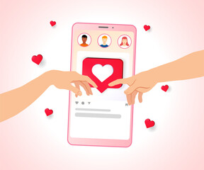 Hands reaching out to touch, creation of Adam - Valentine's day social media concept. Smartphone with social network interface, user icons and hands