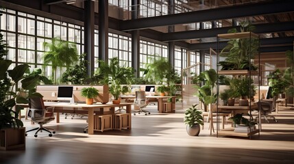 Fototapeta premium Modern office space with wooden furniture and plants in pots. Innovative startup company with green, ecofriendly environment with lush vegetation in workplace. Productive and healthy work place.