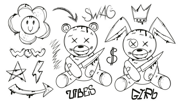 Set of graffiti spray art. Collection of bear and rabbit in urban style. Crown and slogan, arrow on isolated background.
