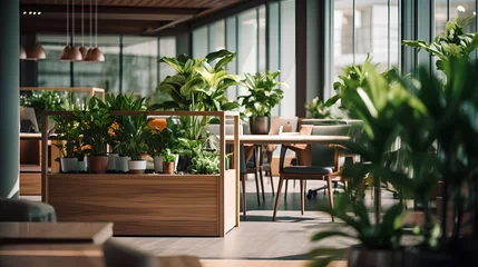 Foto op Canvas Modern office space with wooden furniture and plants in pots. Innovative startup company with green, ecofriendly environment with lush vegetation in workplace. Productive and healthy work place. © TensorSpark