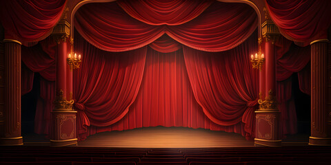 Theatre Background, Theater stage with red curtains columns and a spotlight in center, classic maroon curtains with light descended onto the center of the stage. Generative Ai - obrazy, fototapety, plakaty