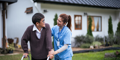 Nurse or caregiver hand on walking frame for support, help or trust moving leg in rehabilitation....