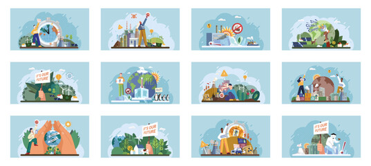 Climate change. Save the planet. Vector illustration Choose renewable resources to minimize your ecological footprint and fight climate change Celebrate World Environment Day by advocating - obrazy, fototapety, plakaty