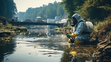 scientist researcher in protective suit takes water for analysis from polluted river - obrazy, fototapety, plakaty