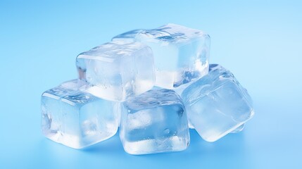 Transparent ice cubes isolated on a light blue background. AI generated image