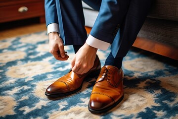 a man is tying brown leather shoelaces - obrazy, fototapety, plakaty