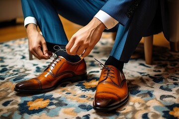 a man is tying brown leather shoelaces - obrazy, fototapety, plakaty