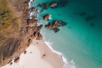 beautiful island, exotic warm countries, beach by the sea, ocean, aerial drone photo - obrazy, fototapety, plakaty