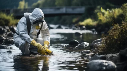 Fotobehang scientist researcher in protective suit takes water for analysis from polluted river © JH45