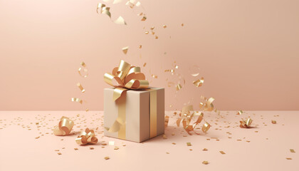 golden pink gift box with ribbon and bow on beige background with empty copy space - obrazy, fototapety, plakaty