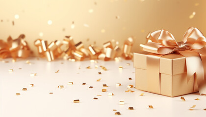 gold gift box with ribbon and bow on beige background with empty copy space
